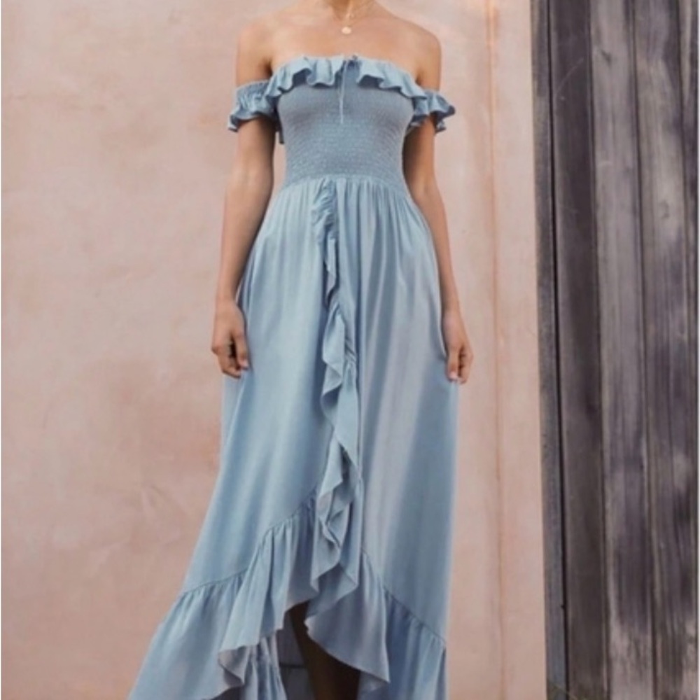 ROVE Light Blue One-Shoulder Ruffle Maxi Dress NWOT